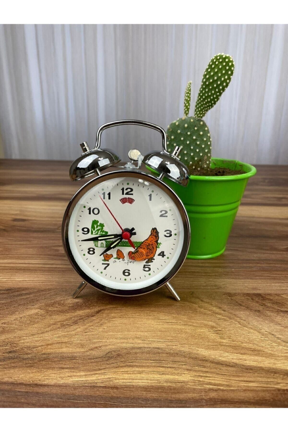 Nostaljik Horozlu Kurmalı Çalar Saat Gümüş Renk Glrshop