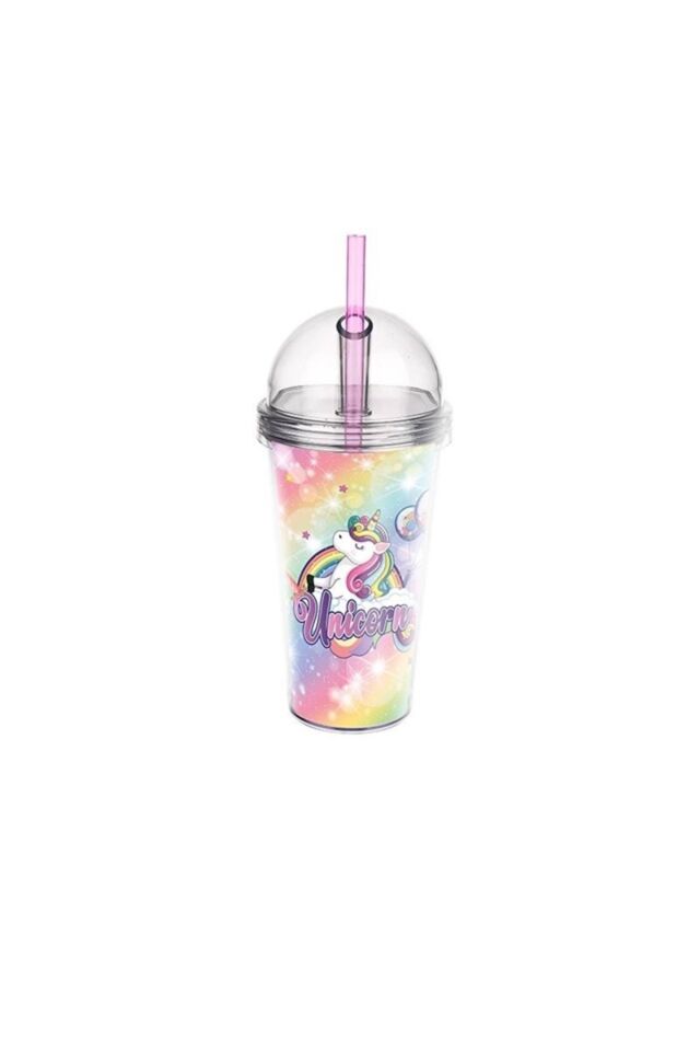 600 ml Lively Desenli Pipetli Bardak – Renkli Kapaklı, Kapaklı Şeffaf Matara