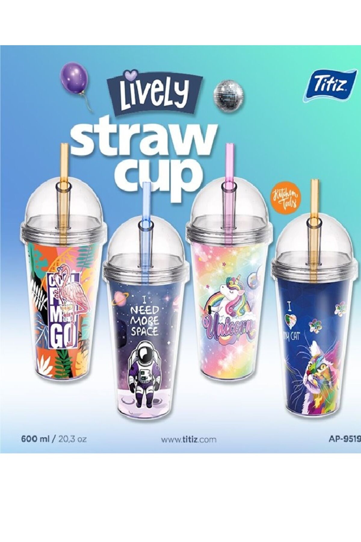 600 ml Lively Desenli Pipetli Bardak – Renkli Kapaklı, Kapaklı Şeffaf Matara