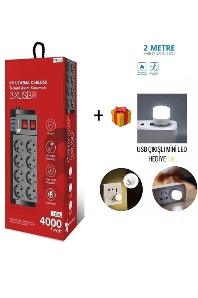 8'li Termal Akım Korumalı Priz 3 Usb Li - Çocuk Korumalı Sadece Elektronik Ürünler Için Uygundur SİYAH - Tek Ebat