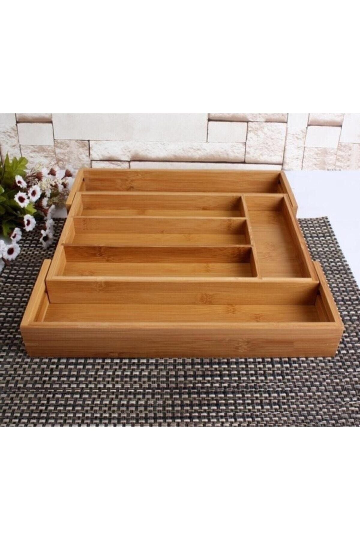 %100 Bambu Genişleyebilir Sürgülü Bölmeli Bamboo Çekmece Kaşıklık