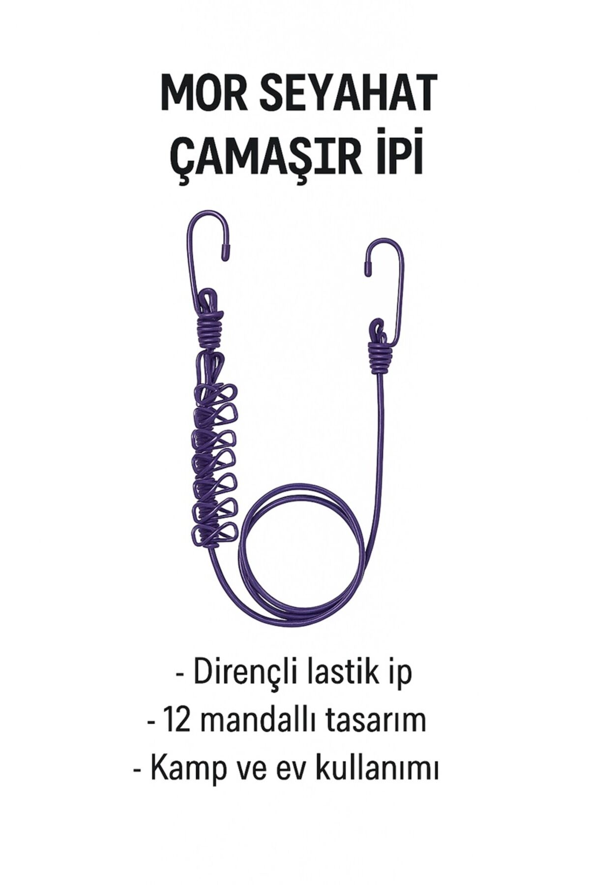 Seyahat Tipi 12 Mandallı Lastikli Çamaşır İpi – Kamp ve Ev Kullanımı İçin Pratik Askı