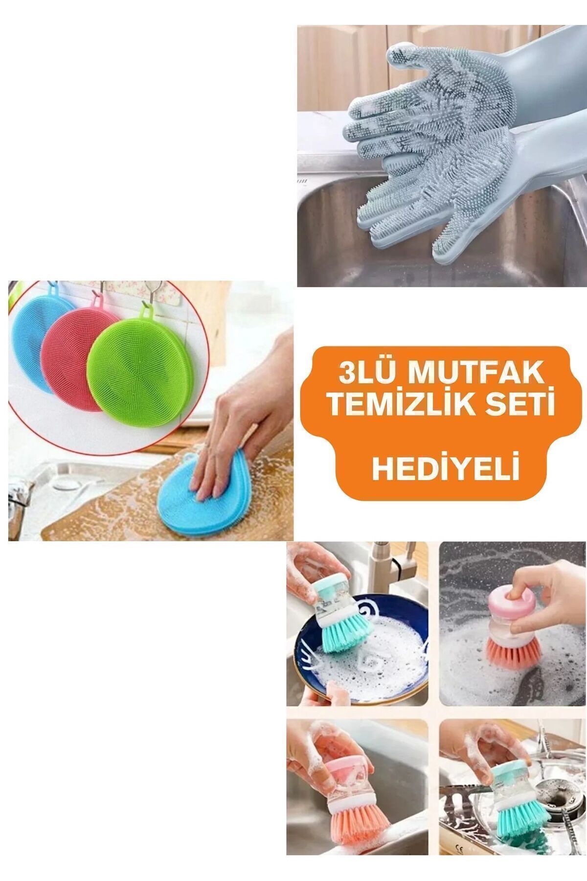Temizlik Seti Mutfak Banyo Tuvalet 3lü Hijyen Temizlik Pratik Set Bulaşık eldiveni Fırça Sünger Tek Ebat