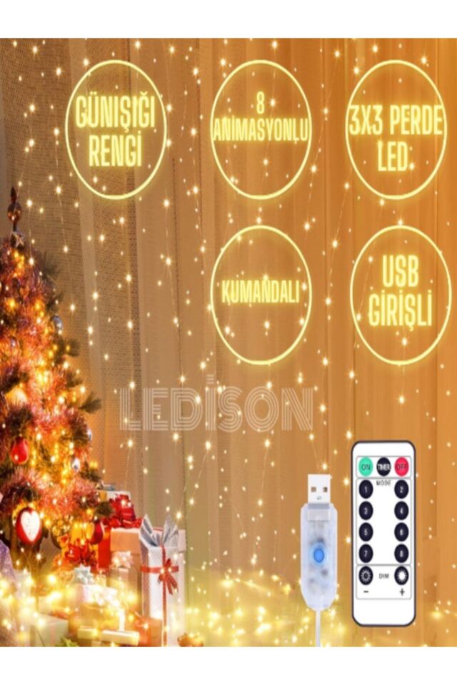 Kumandalı 8 Ayrı Moda Sahip 3mx3m ( 300 Cm X 300 Cm ) Perde Led Tel Led Usb GÜN IŞIĞI - Tek Ebat