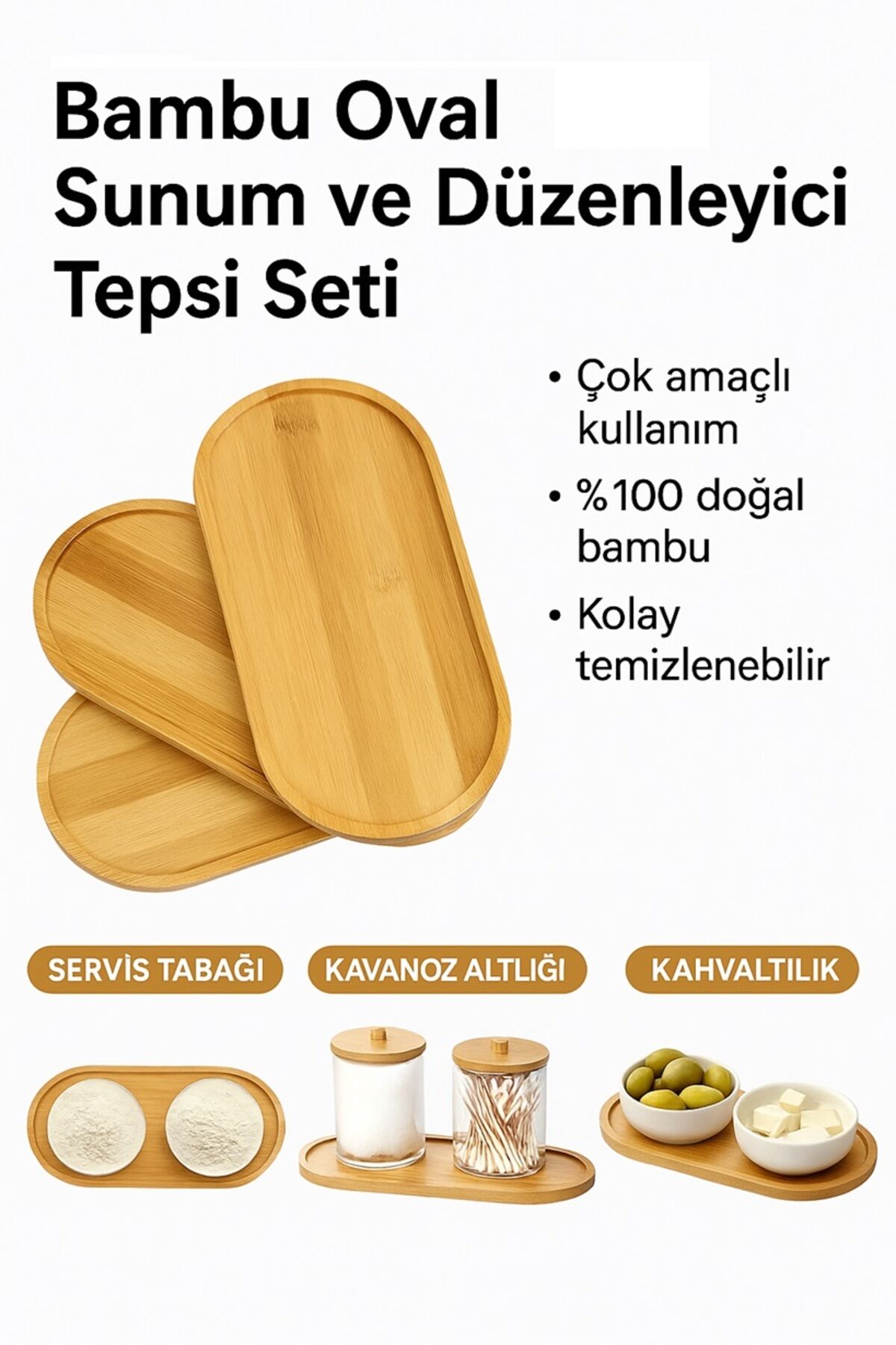 1 Adet Bambu Oval Sunum ve Düzenleyici Tepsi Seti – Çok Amaçlı Kullanım