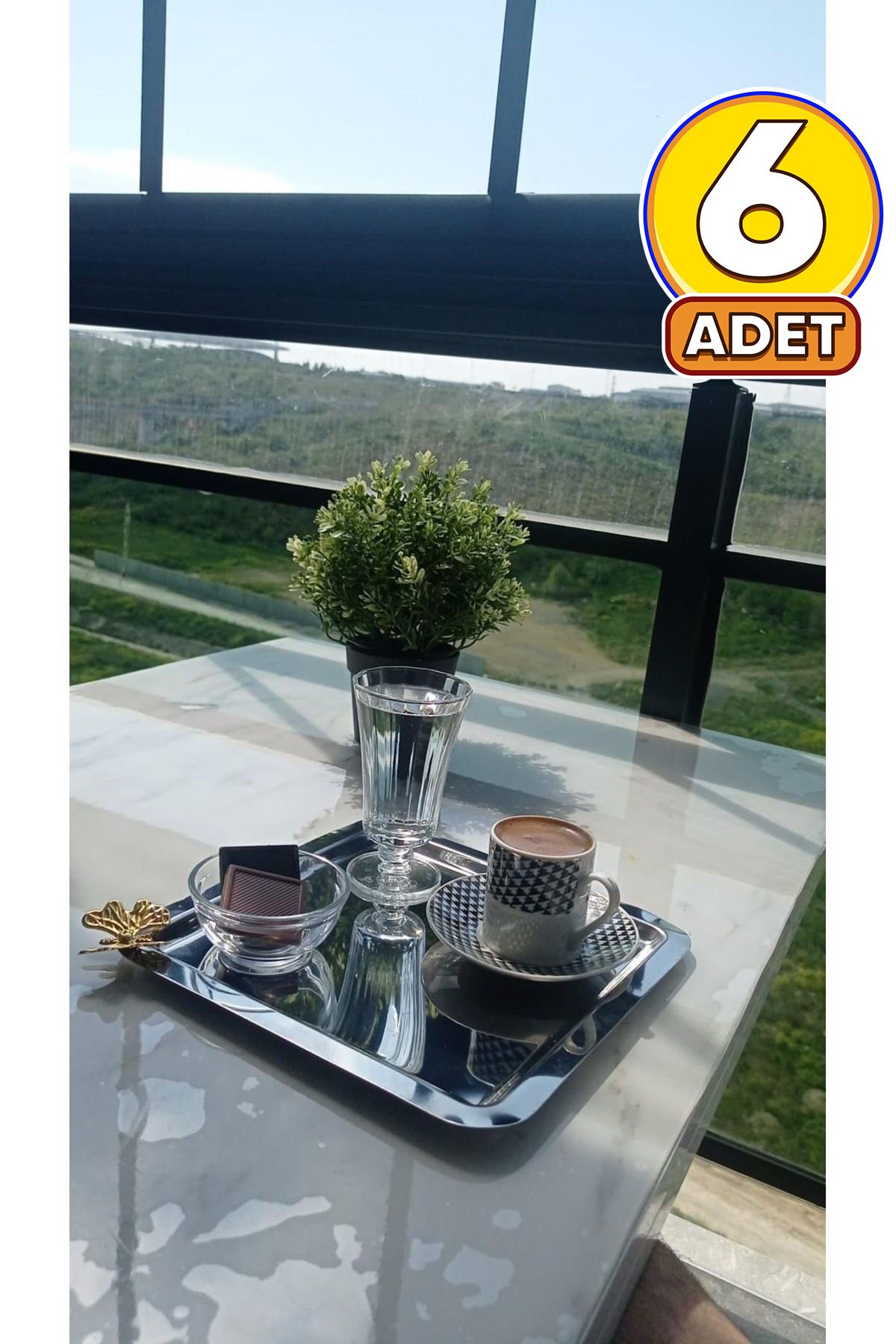 Lüx Sarı 1 Kelebek Aksesuarlı Paslanmaz Çelik 6’lı Gümüş Kahve, Çay, Dekoratif Sunum Servis Tepsisi GÜMÜŞ - Tek Ebat - 21 x 21