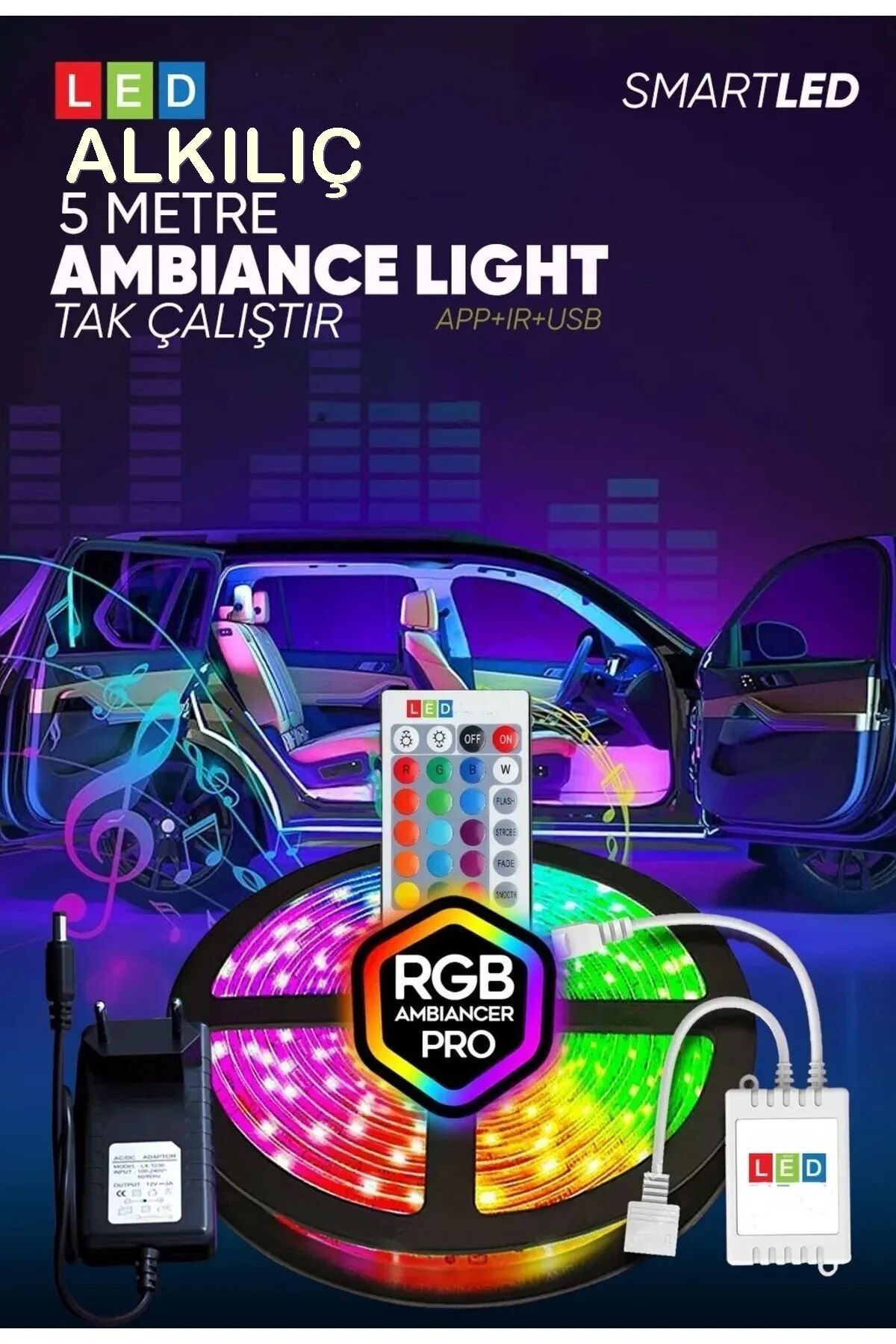 Led Animasyonlu Tak Çalıştır Kumandalı Trafolu Rgb Şerit Işık Aydınlatma 5 Metre Renkli - Tek Ebat