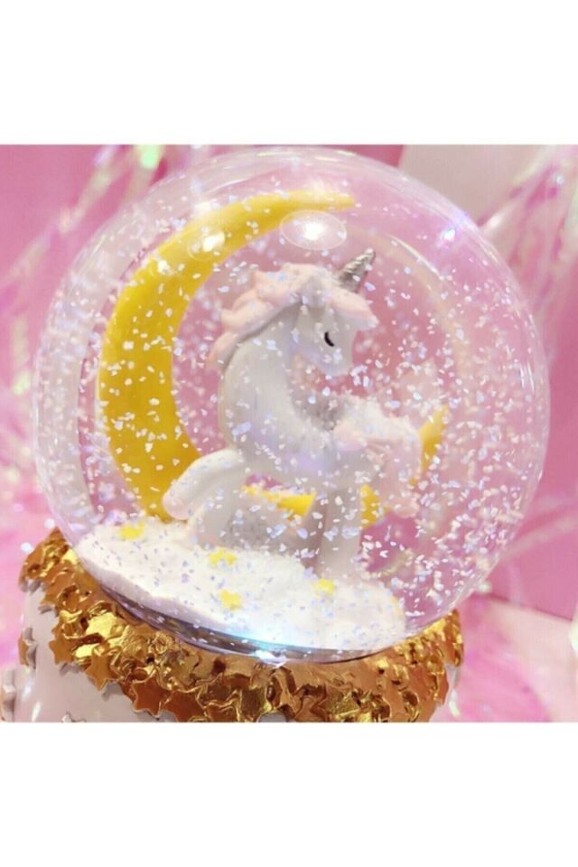 Orta Boy Unicorn Temalı Ay Modelli Müzikli Ve Işıklı Kar Küresi Unicorn Beyaz - Tek Ebat