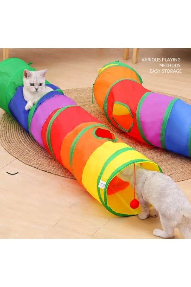 Düz Kedi Tüneli Katlanır Gökkuşağı Uzun Düz Kedi Köpek Oyun Tüneli Evcil Hayvan Oyun Tüneli çok renkli - Tek Ebat
