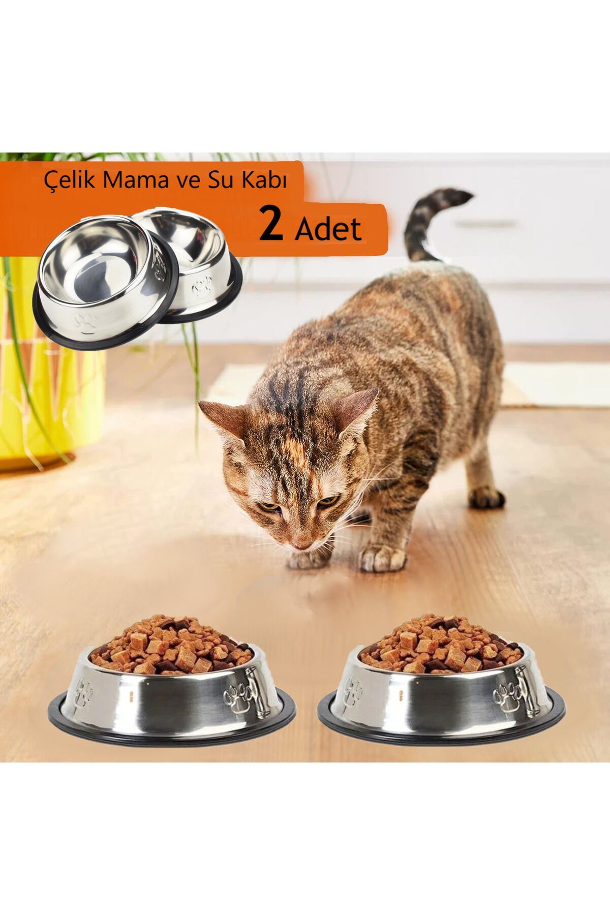 2 Adet Paslanmaz Çelik Mama Ve Su Kabı, Alt Taban 16 Cm Kedi Mama Kabı Köpek Mama Kabı (250 ML-8 OZ) ekru - Tek Ebat