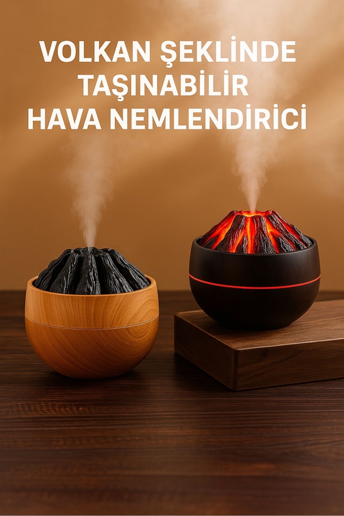 Volkan Dağı Model Buhar Makinesi Difüzör – LED Işıklı ve Sessiz Nemlendirici (Aromaterapi Uyumlu)