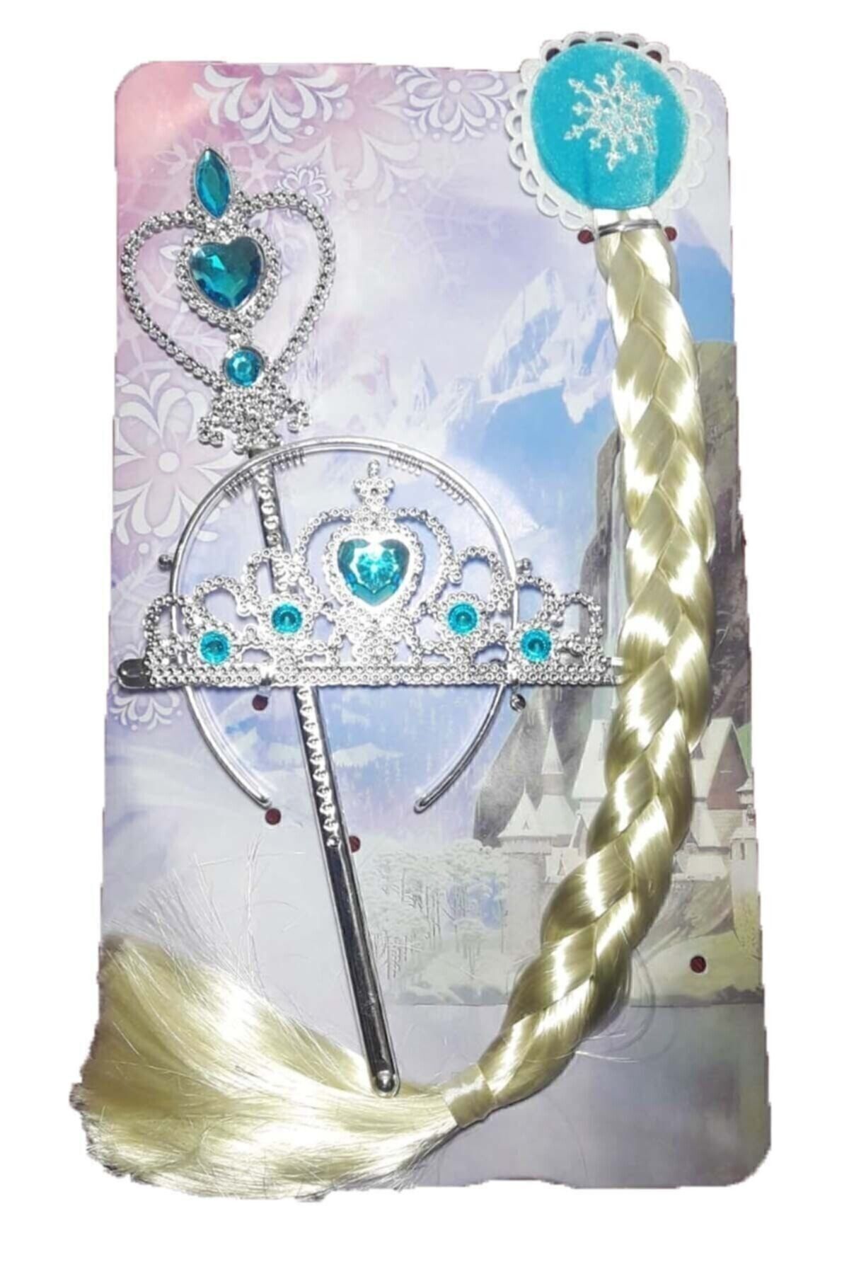 Kız Çocuk Mavi Karlar Ülkesi Frozen Elsa Saçı Tacı Asa Seti Elsa Tacı Saçı Ve Asası 3 Parça Krem - Tek Ebat