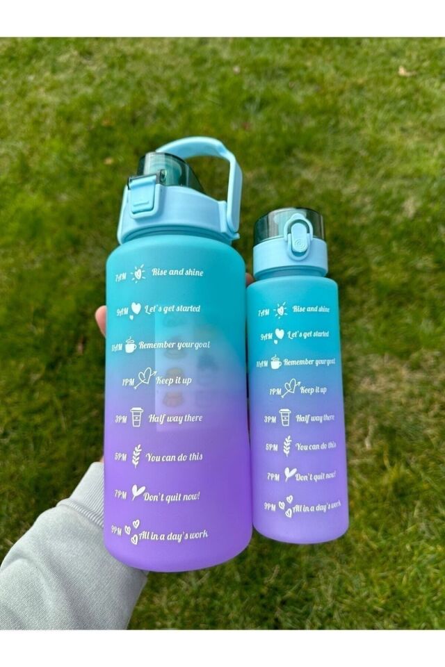 Motivasyonel 2li Su Matarası - Suluk 2 lt  ve 900 ml Yavrulu Spor Salonu Su Şişesi Sticker