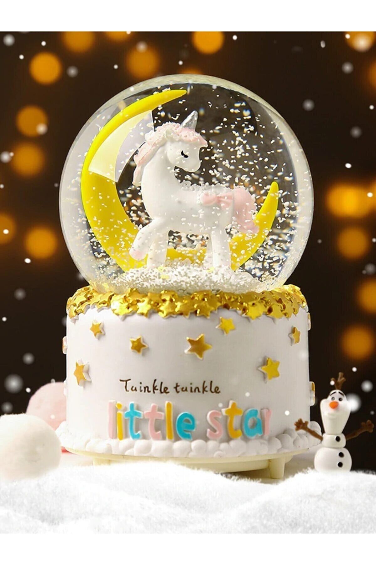 Ay Ve Unicorn Temalı Orta Boy Kar Pilli Müzikli Işıklı Kar Küresi Beyaz - Tek Ebat