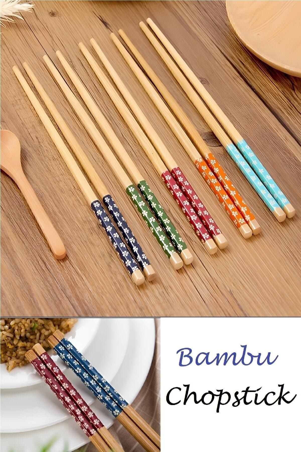 Bambu Chopstick 1 Li Desenli Yıkanabilir Çin Suşi Ramen Noodle Yemek Çubuğu