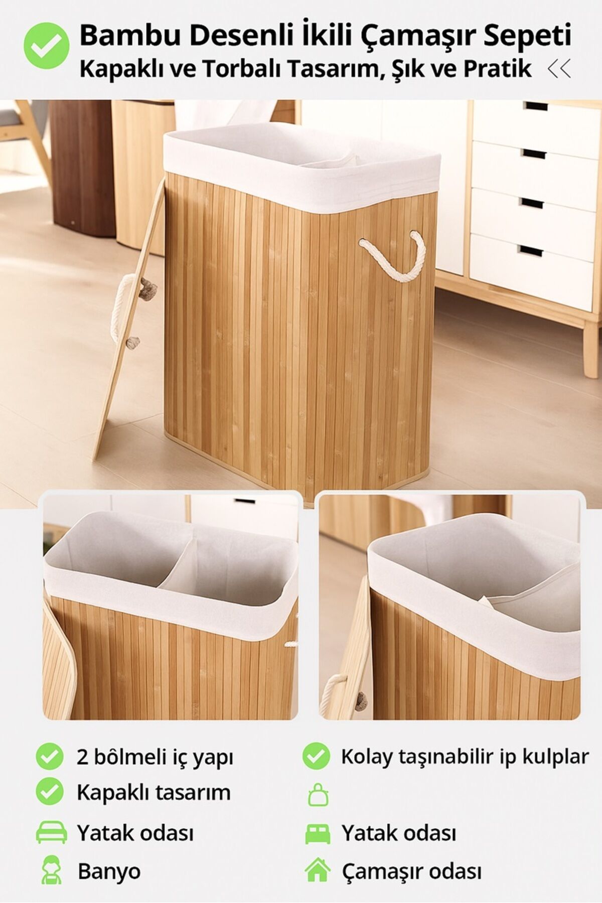 Bambu Desenli Ikili Çamaşır Sepeti – Kapaklı Ve Torbalı Tasarım, Şık Ve Pratik BAMBU - Tek Ebat - 50 x 70