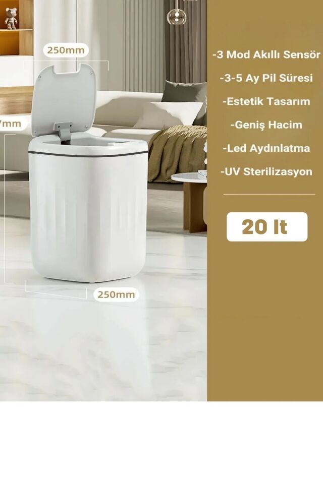 Sensörlü Çöp Kovası Mutfak Banyo Ofis 20L UV Işık Antibakteriyel Koku Geçirmez Ergonomik Tasarımlı