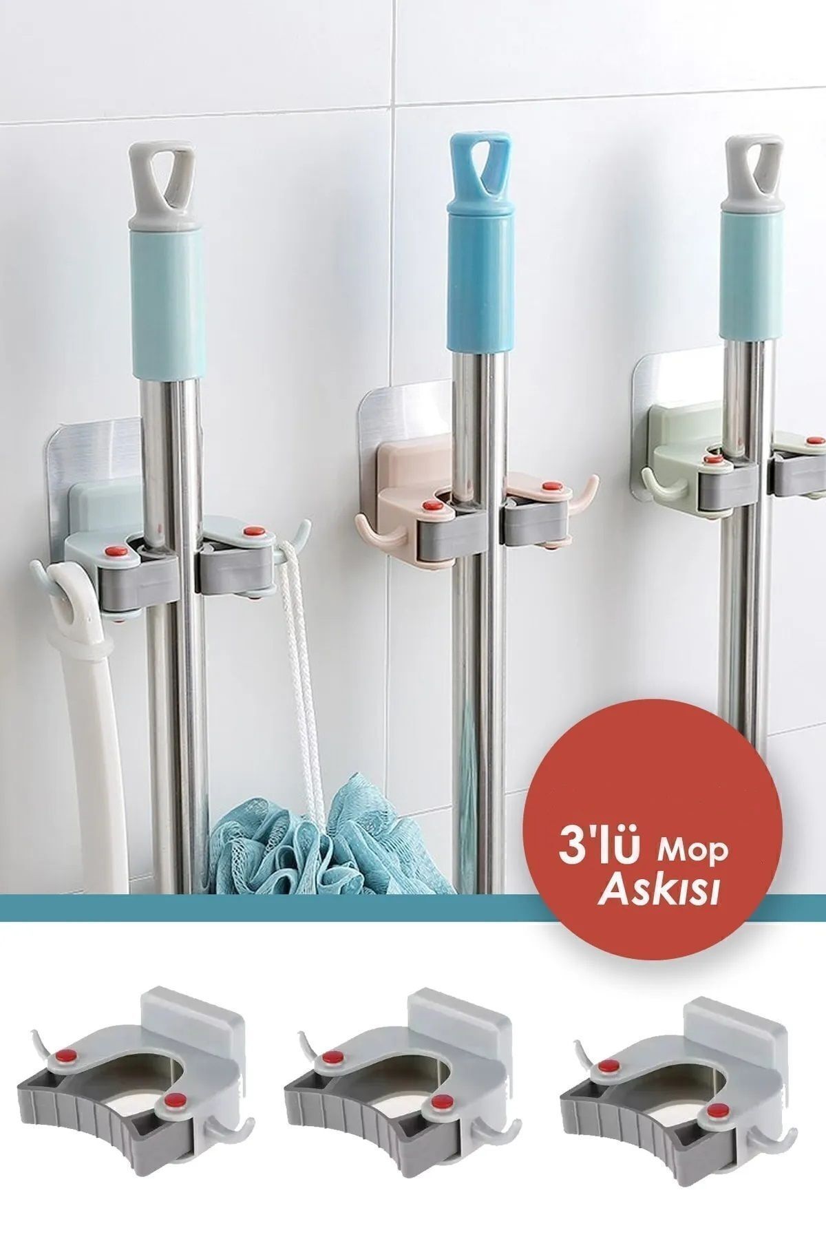 3'lü Paspas Süpürge Fırça Ve Mop Askısı Sap Tutucu Mutfak Banyo Askı gri - Tek Ebat