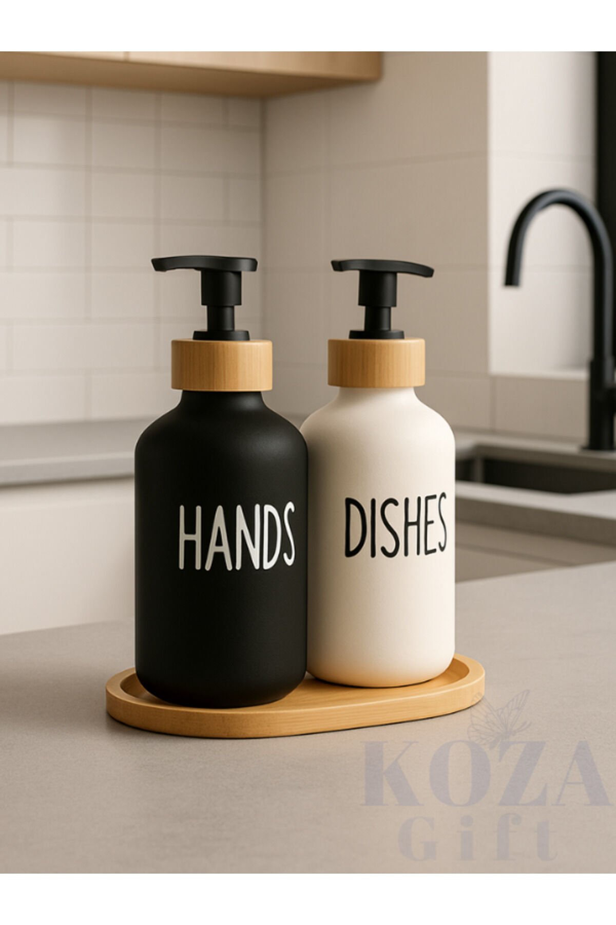 2'li Porselen Sabunluk Seti Siyah Beyaz 500 ml Ahşap Standlı Pompalı