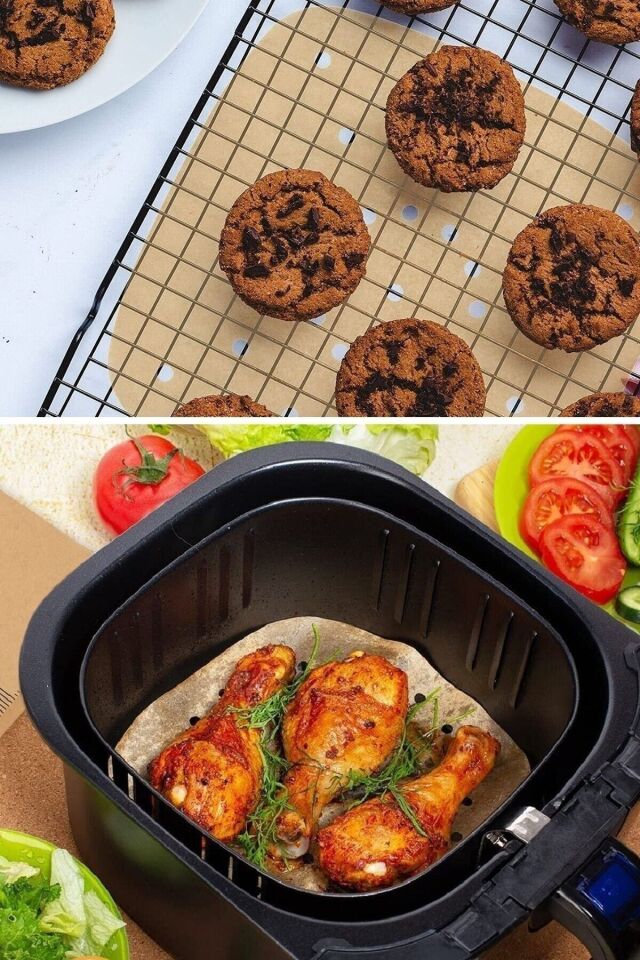 100 Adet Air Fryer Pişirme Kağıdı Tek Kullanımlık Yağ Geçirmez Kağıt Kare Delikli Model