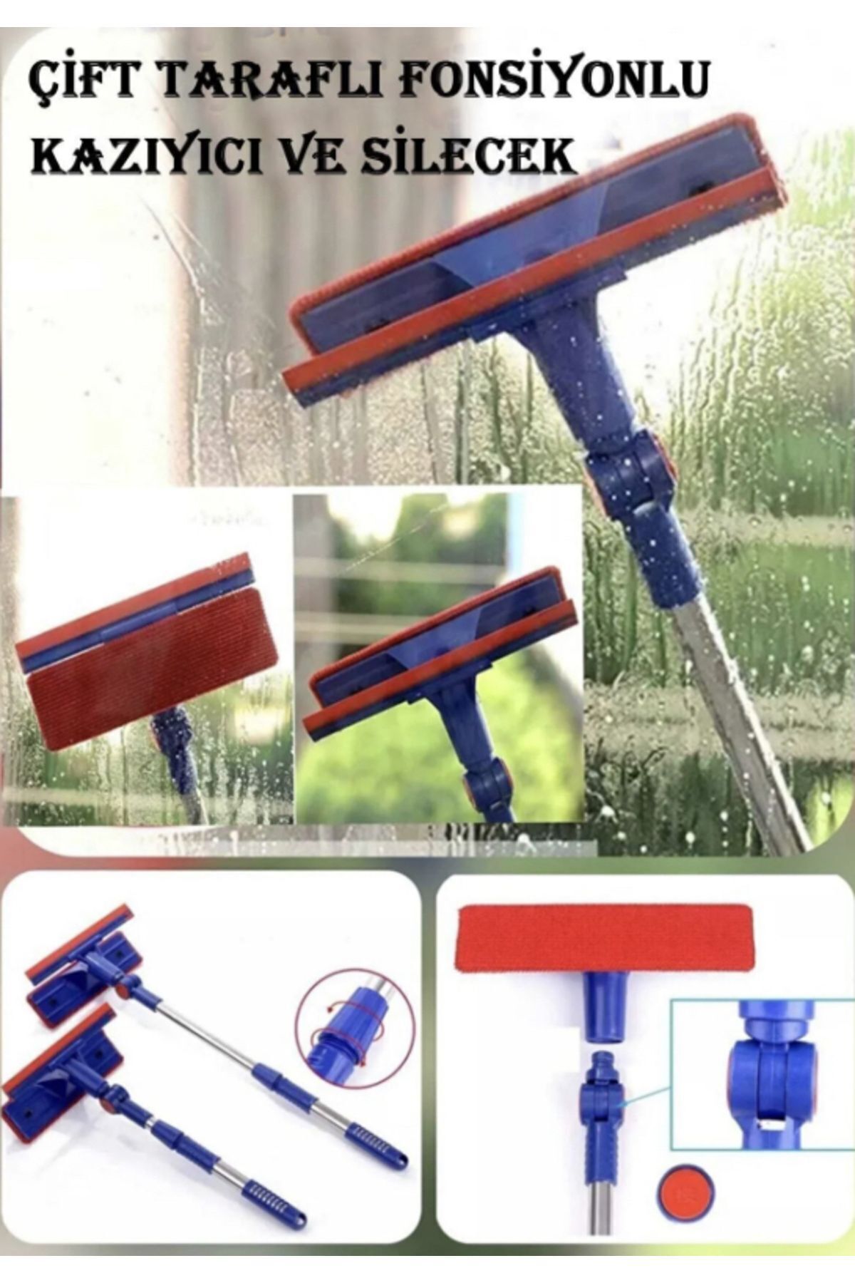 Cam Silme Aparatı Teleskobik Çift Taraflı Mikrofiberli Tek Ebat