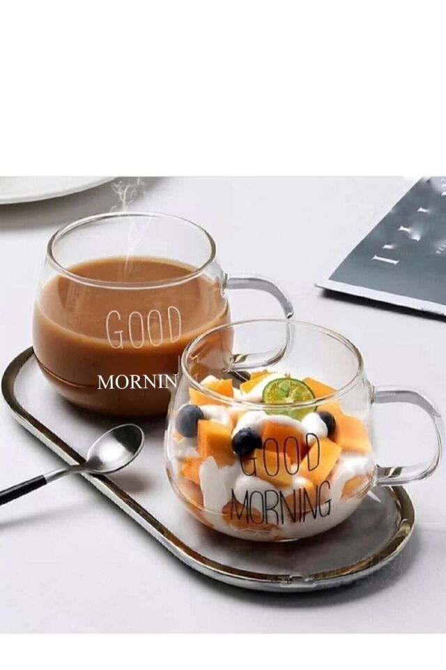 2 Li Good Morning Günaydın 400 ml Borosilikat Cam Kupa Fma00618